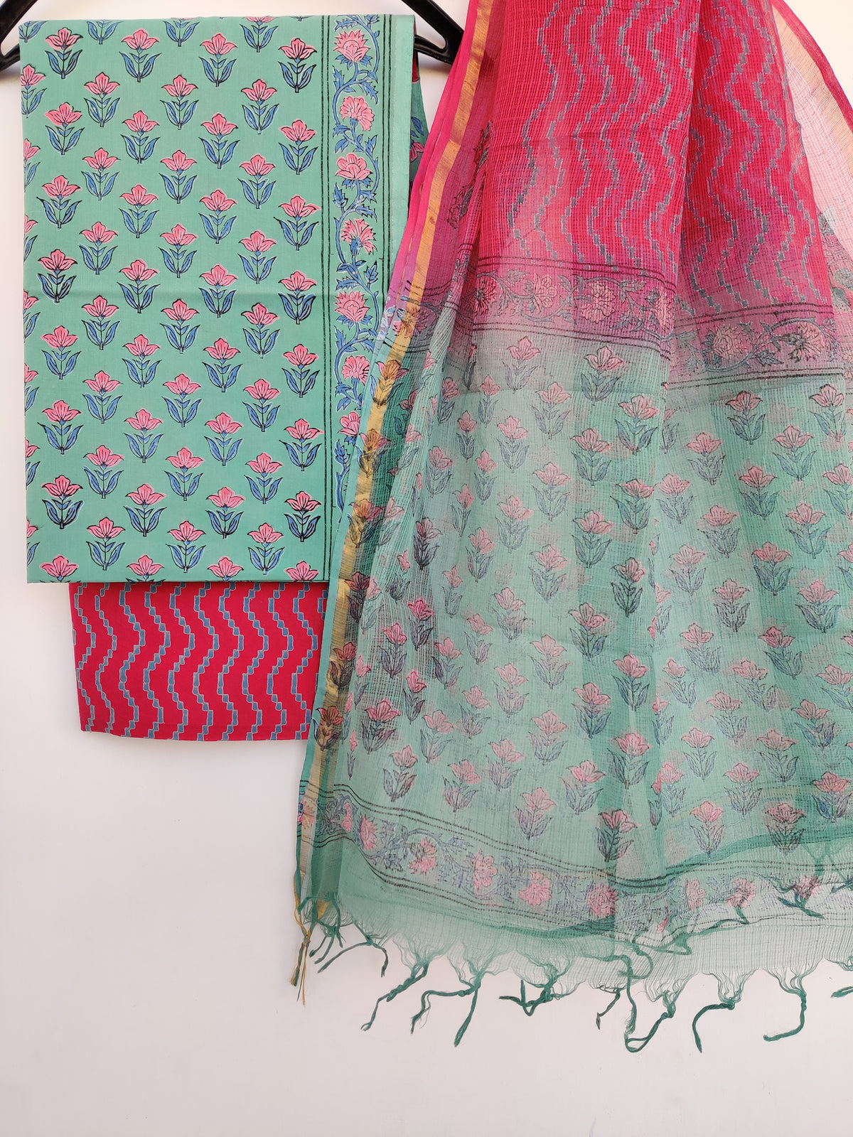 Handblock printed cotton suit with Kota doria dupatta