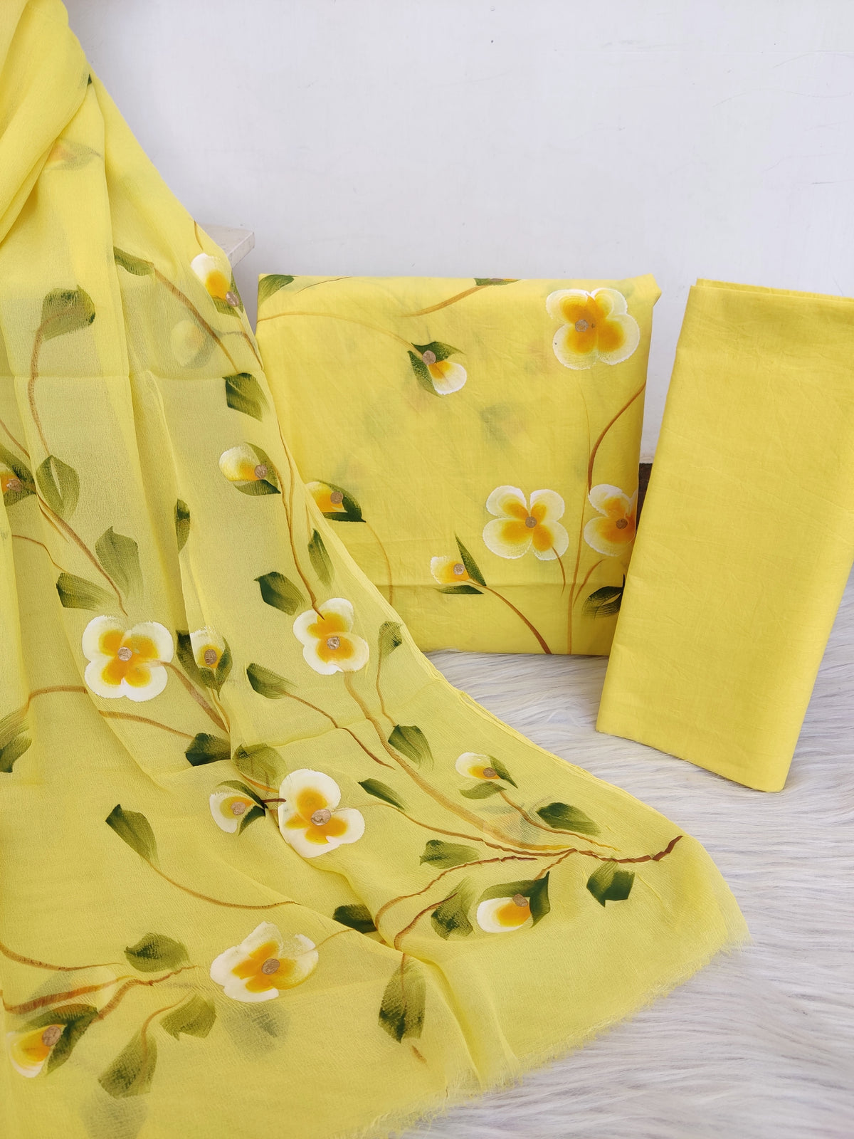 Hand painted cotton suit with chiffon dupatta