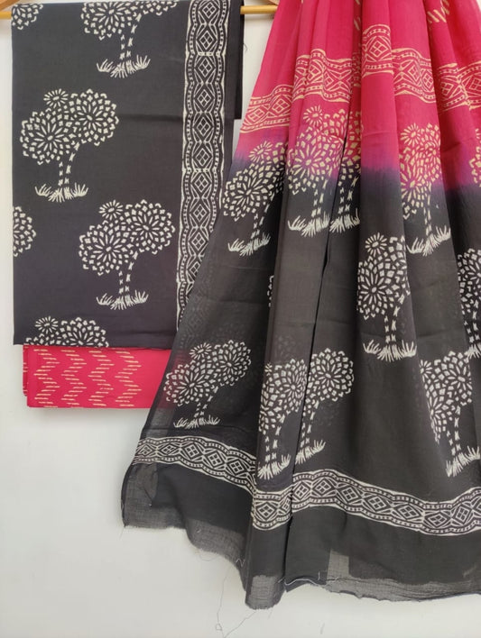 Handblock printed cotton suit with mulmul dupatta