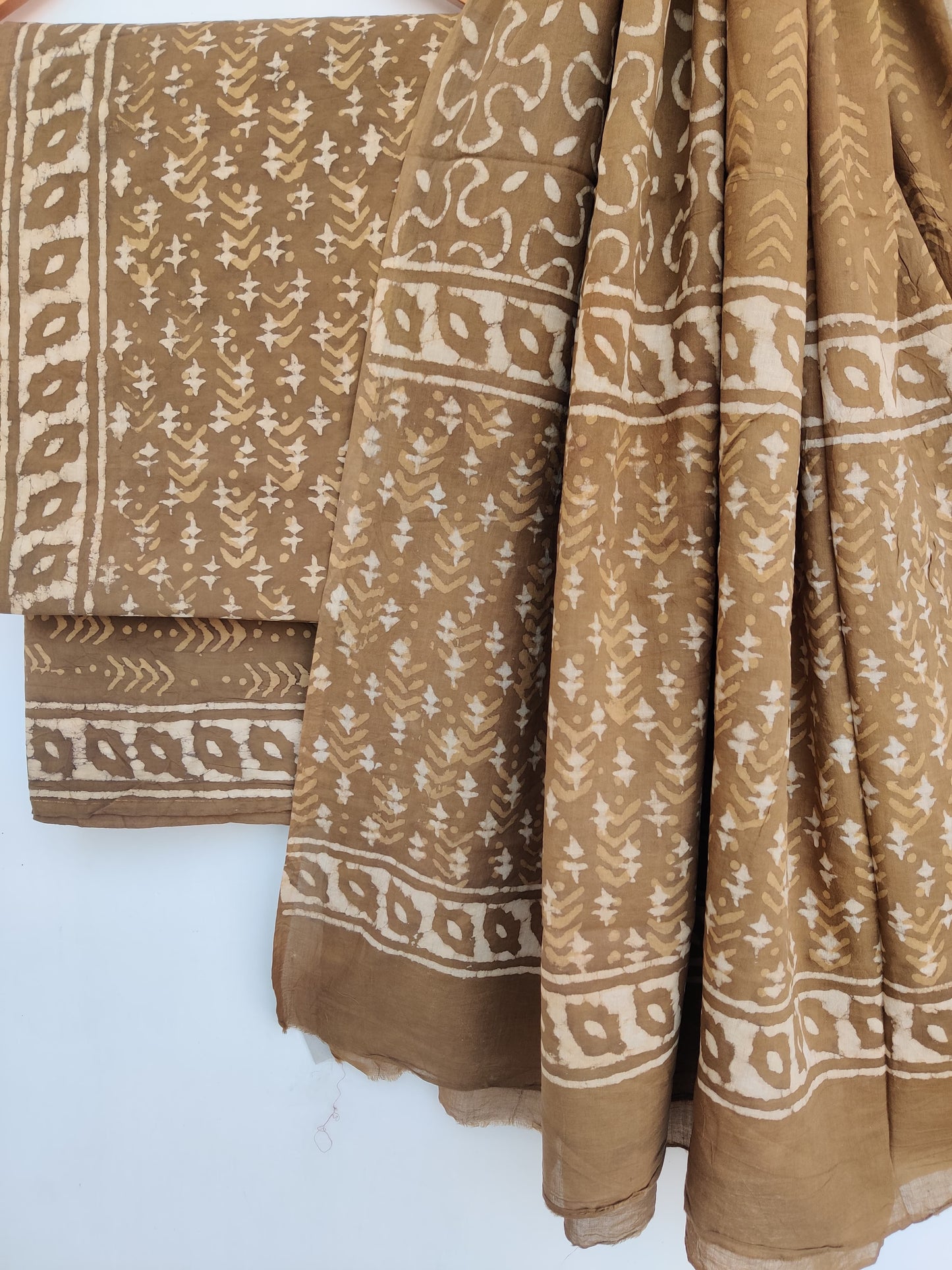 Handblock printed cotton suit with mulmul dupatta