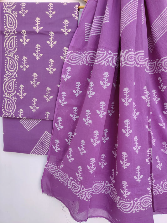 Handblock printed cotton suit with mulmul dupatta