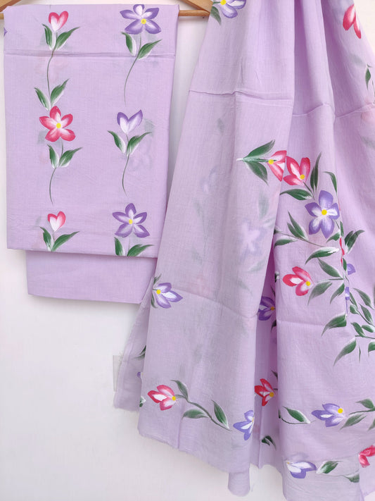 Handblock printed cotton suit with mulmul dupatta