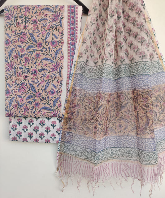 Handblock printed cotton suit with Kota doria dupatta