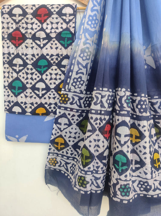 Handblock printed cotton suit with mulmul dupatta