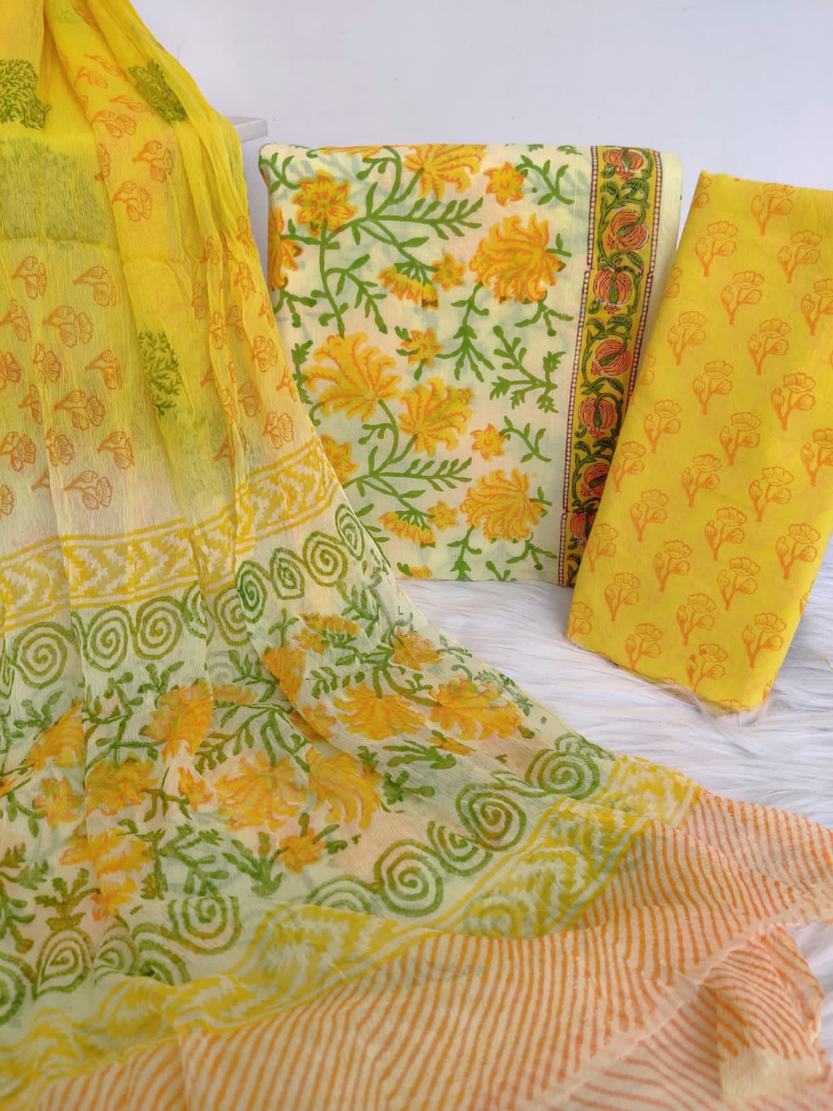 Hand block printed cotton suit with chiffon dupatta