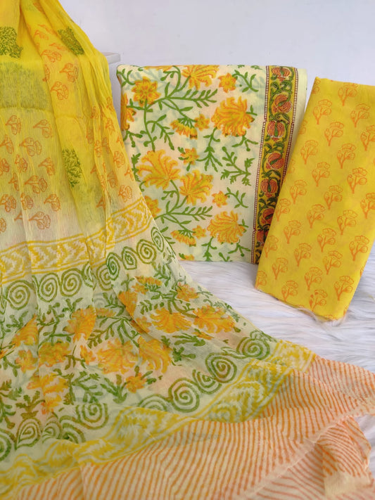 Hand block printed cotton suit with chiffon dupatta