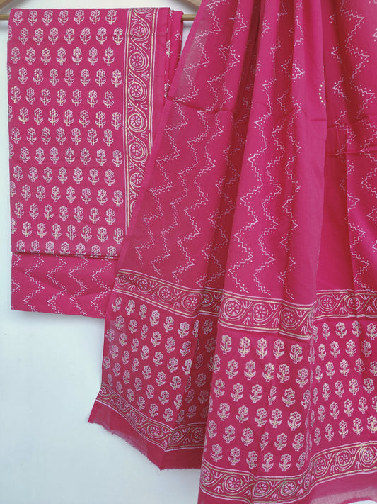Handblock printed cotton suit with mulmul dupatta