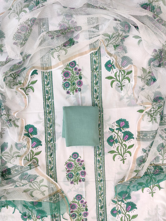 Handblock printed cotton suit with Kota doria dupatta