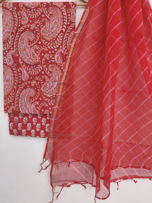 Handblock printed Cotton suit with Kota Doria dupatta