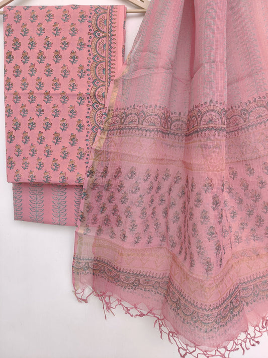 Handblock printed cotton suit with Kota doria