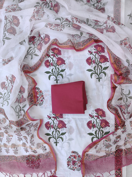 Handblock printed cotton suit with Kota doria dupatta