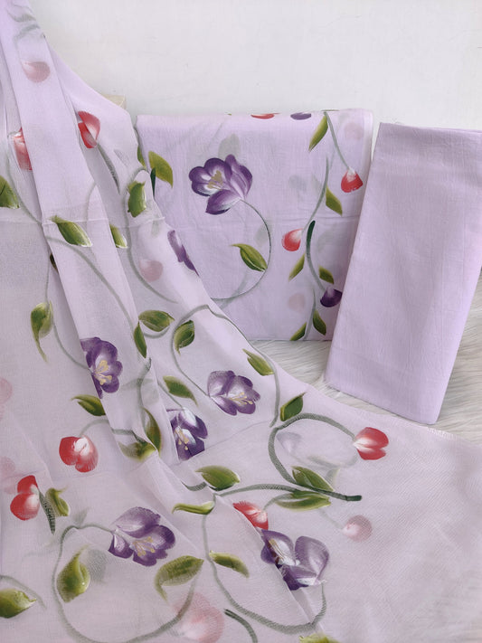 Hand painted cotton suit with chiffon dupatta