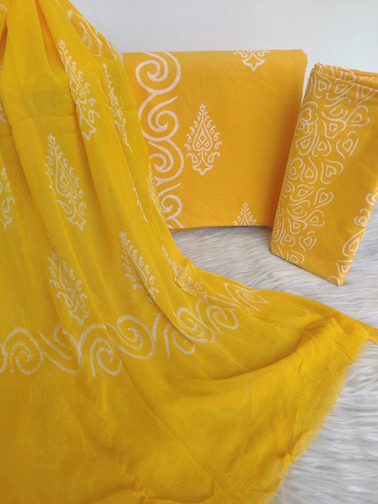 Handblock printed cotton suit with chiffon dupatta