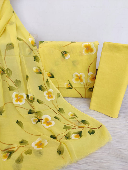 Hand painted cotton suit with chiffon dupatta