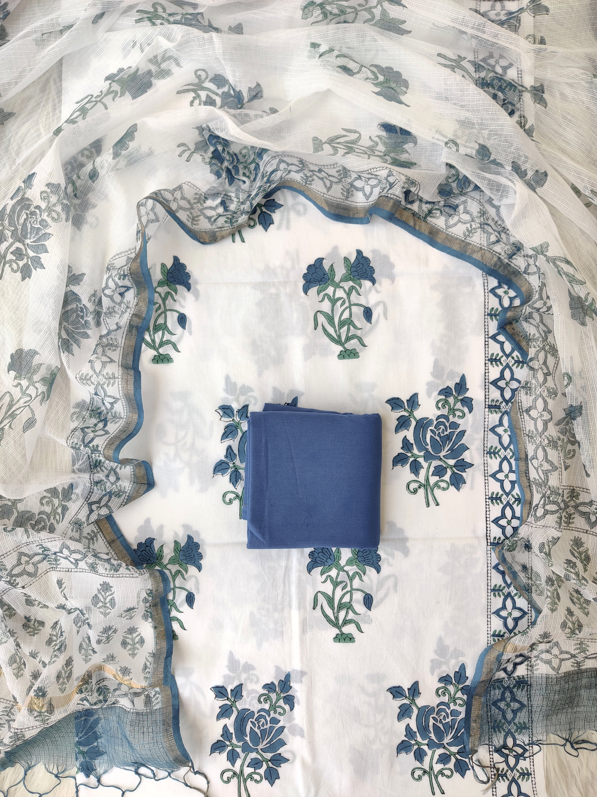 Handblock printed cotton suit with Kota doria dupatta