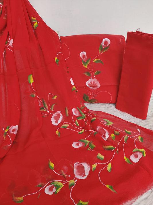 Hand painted cotton suit with chiffon dupatta
