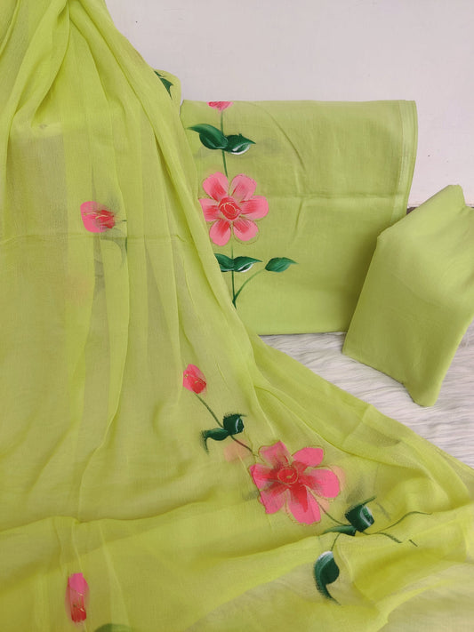 Hand painted cotton suit with chiffon dupatta