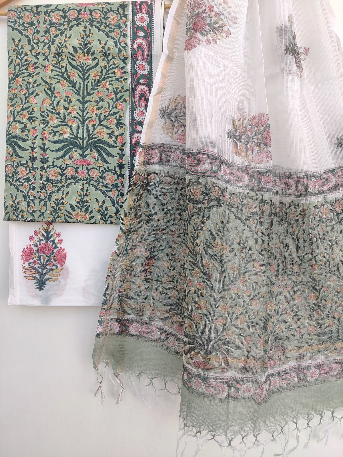 Handblock printed cotton suit with Kota doria dupatta