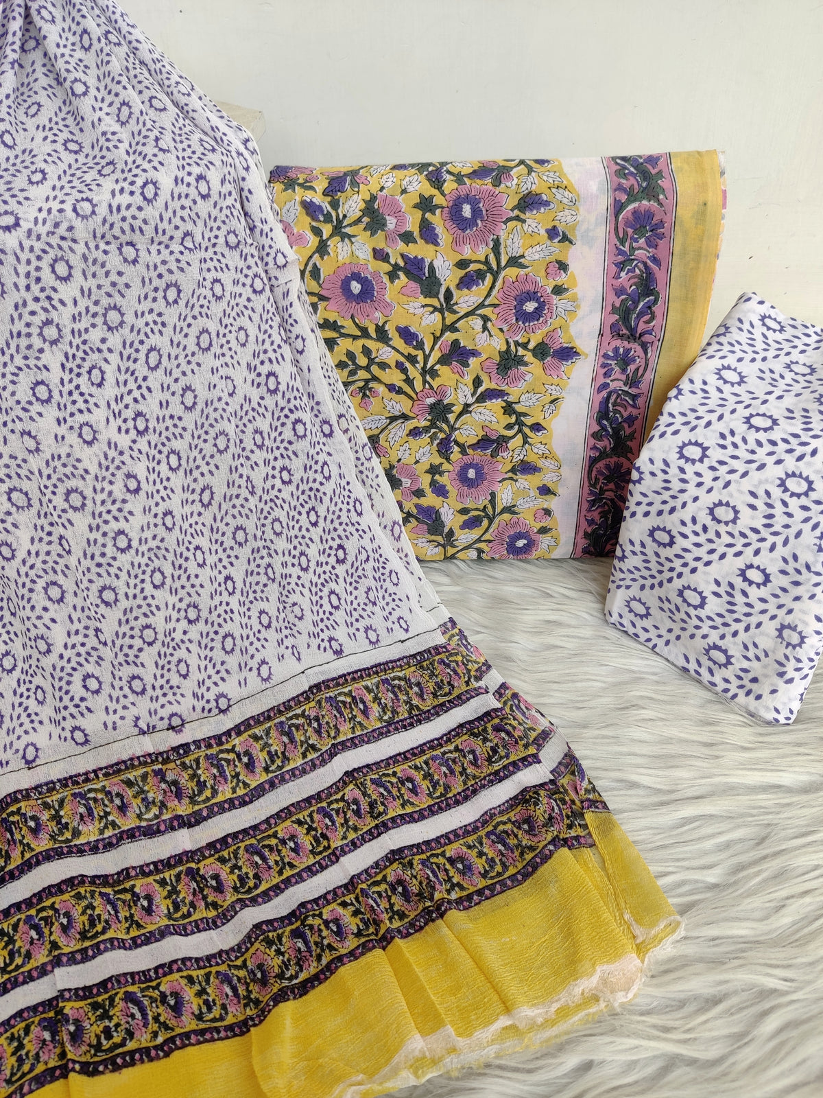 Handblock printed cotton suit with chiffon dupatta