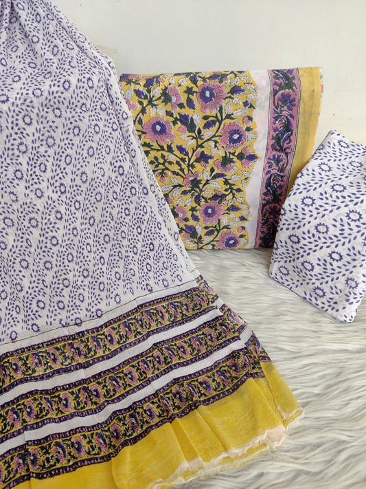 Handblock printed cotton suit with chiffon dupatta