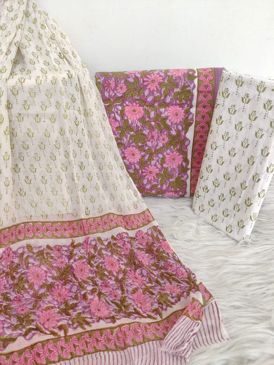 Handblock printed cotton suits with chiffon dupatta