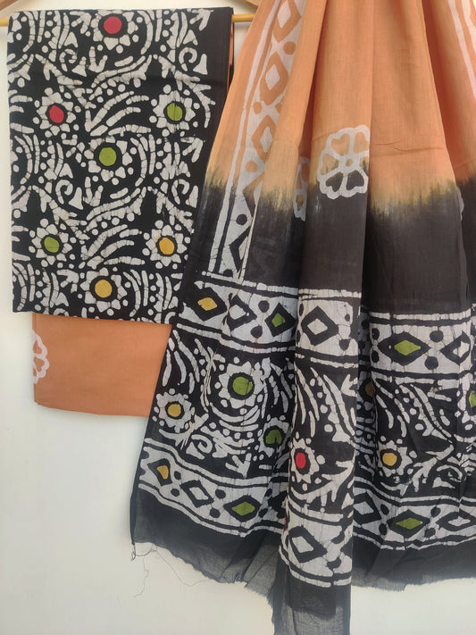 Handblock printed cotton suit with mulmul dupatta