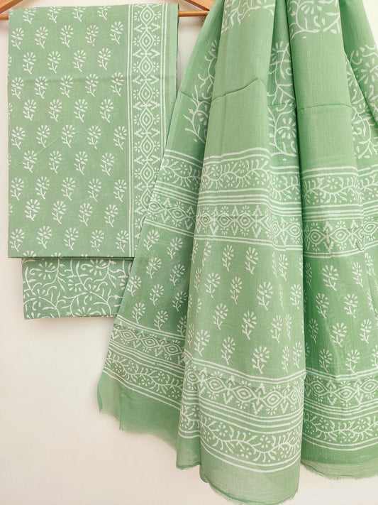 Handblock printed cotton suit with mulmul dupatta