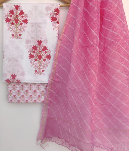 Handblock printed cotton suit with Kota doria dupatta