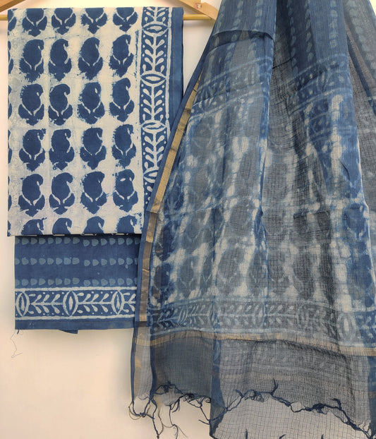 Handblock printed cotton suit with Kota doria dupatta