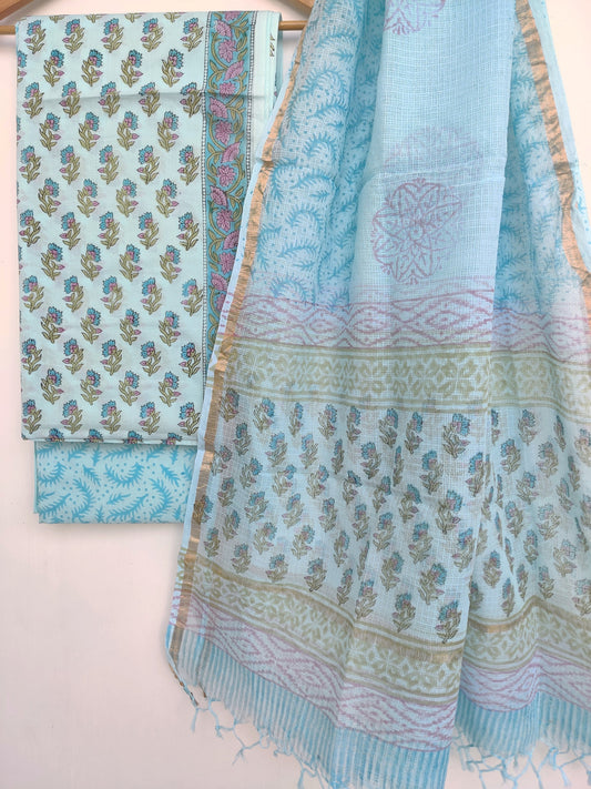 Handblock printed cotton suit with Kota doria dupatta