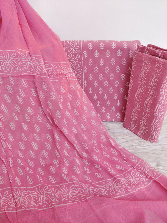 Handblock printed cotton suit with chiffon dupatta