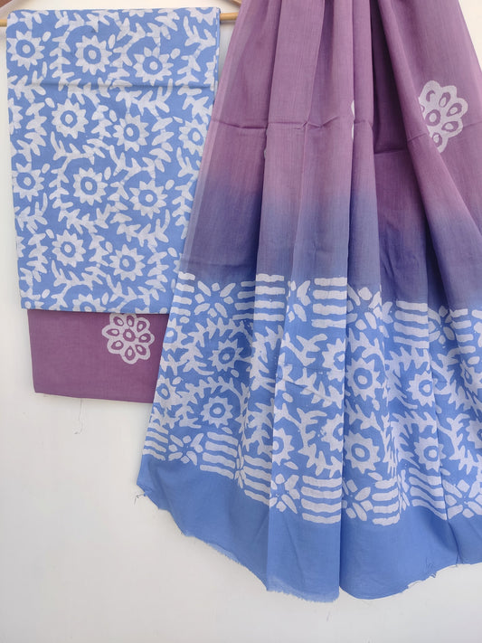 Handblock printed cotton suit with mulmul dupatta