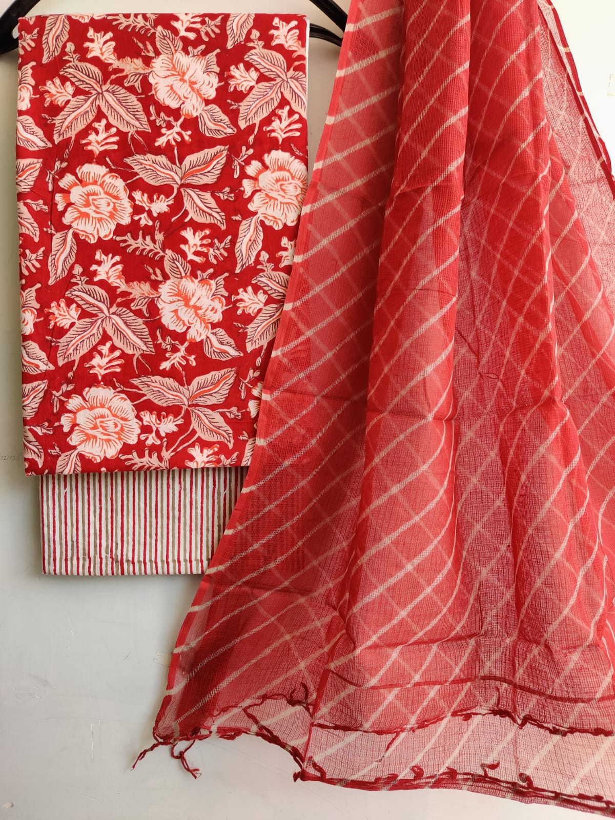 Handblock printed cotton suit with Kota doria dupatta