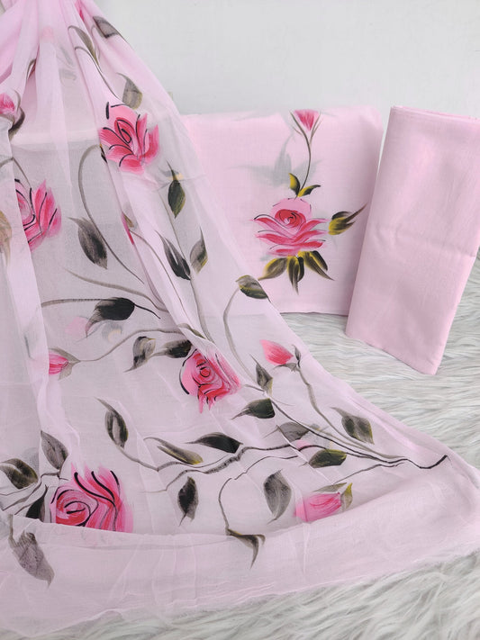 Hand painted cotton suit with chiffon dupatta