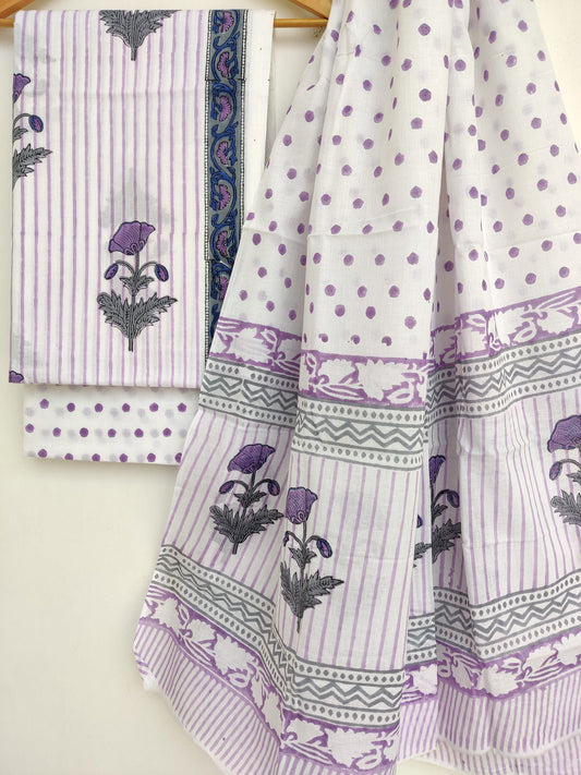 Handblock printed cotton suit with mulmul dupatta