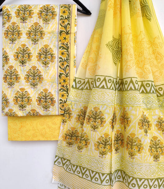 Handblock printed cotton suit with mulmul dupatta