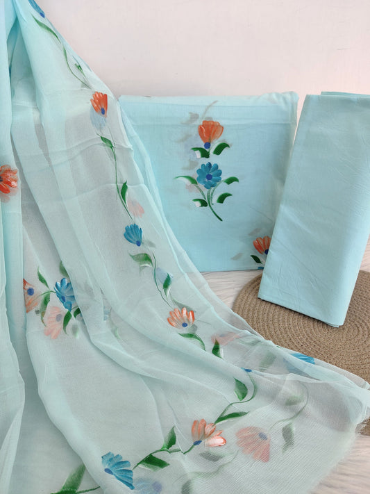Hand painted cotton suit with chiffon dupatta