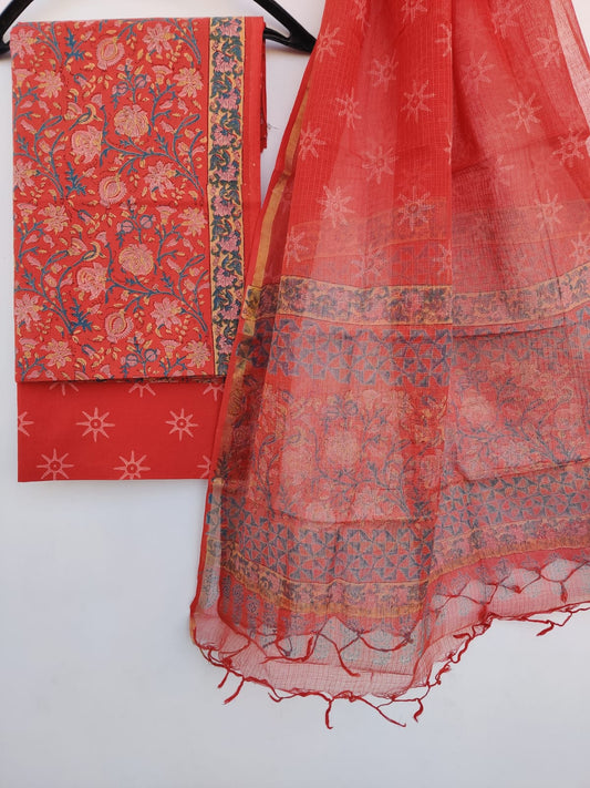 Handblock printed cotton suit with Kota doria dupatta